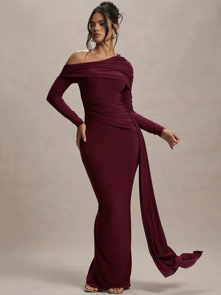 Evangeline Off-Shoulder Ruched Evening Gown