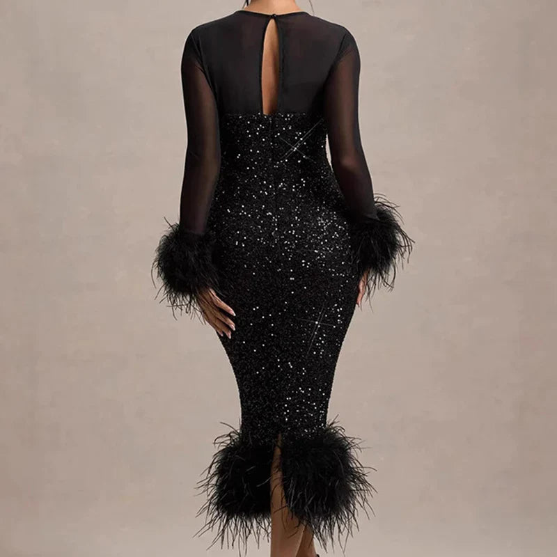 Celeste Sequin Feather Trim Maxi Dress