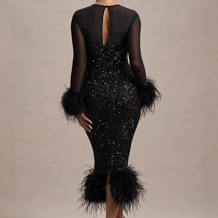 Celeste Sequin Feather Trim Maxi Dress
