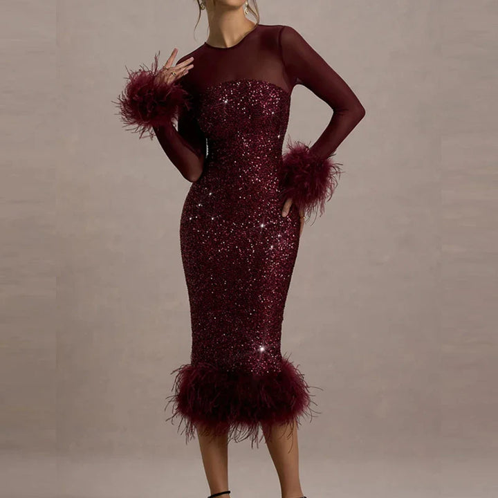 Celeste Sequin Feather Trim Maxi Dress