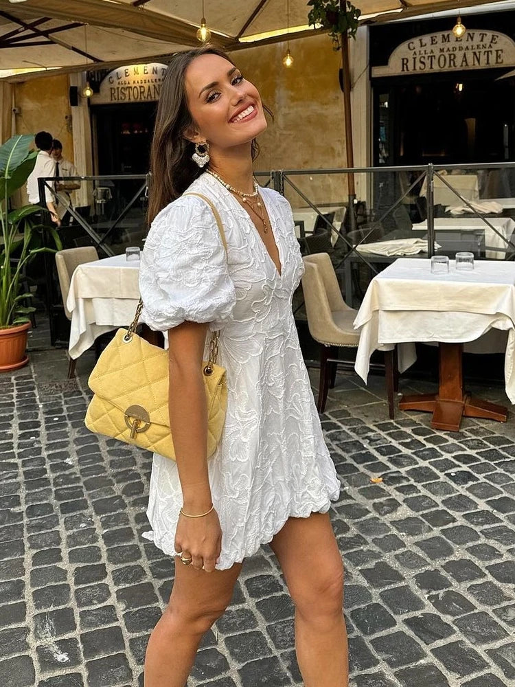 Romantic White Floral Puff Sleeve Summer Dress