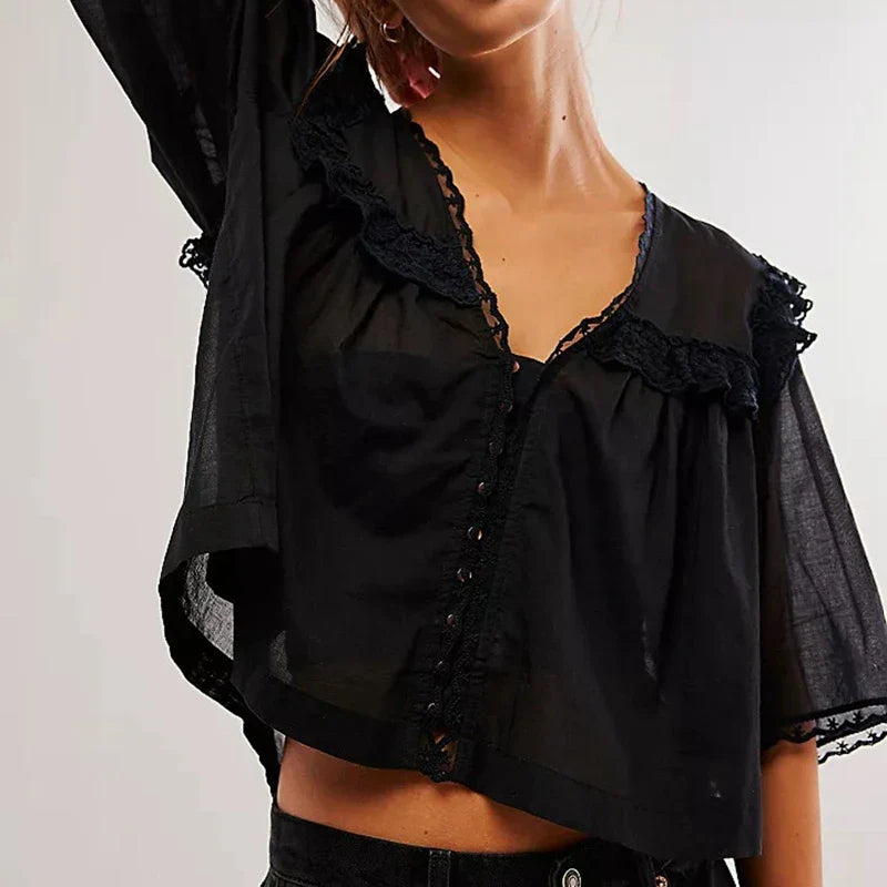 Elowira Lace Trim Ruffle Blouse