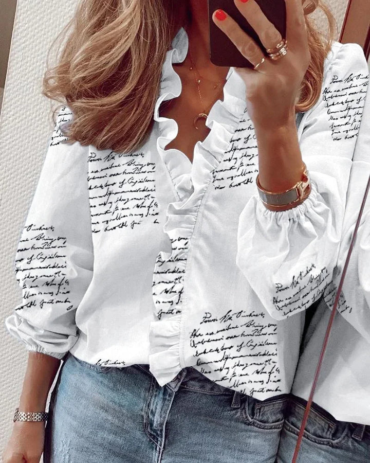 Elowette Ruffle Trim Balloon Sleeve Blouse