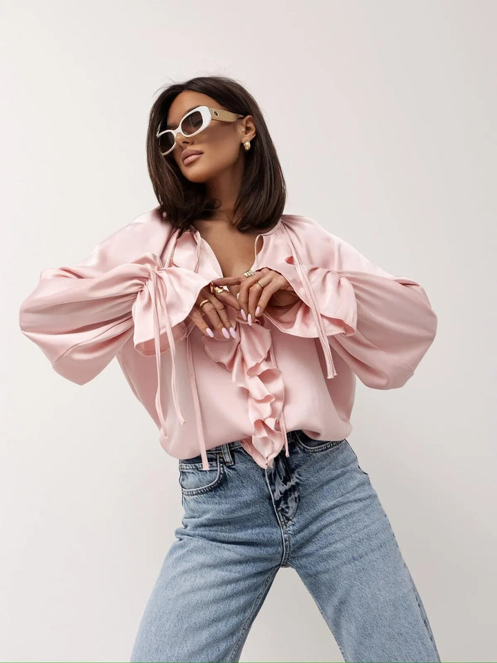 Serelina Satin Ruffle Tie Blouse