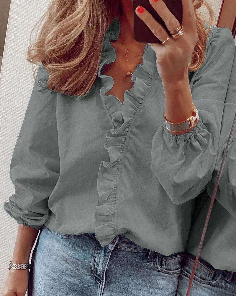 Elowette Ruffle Trim Balloon Sleeve Blouse