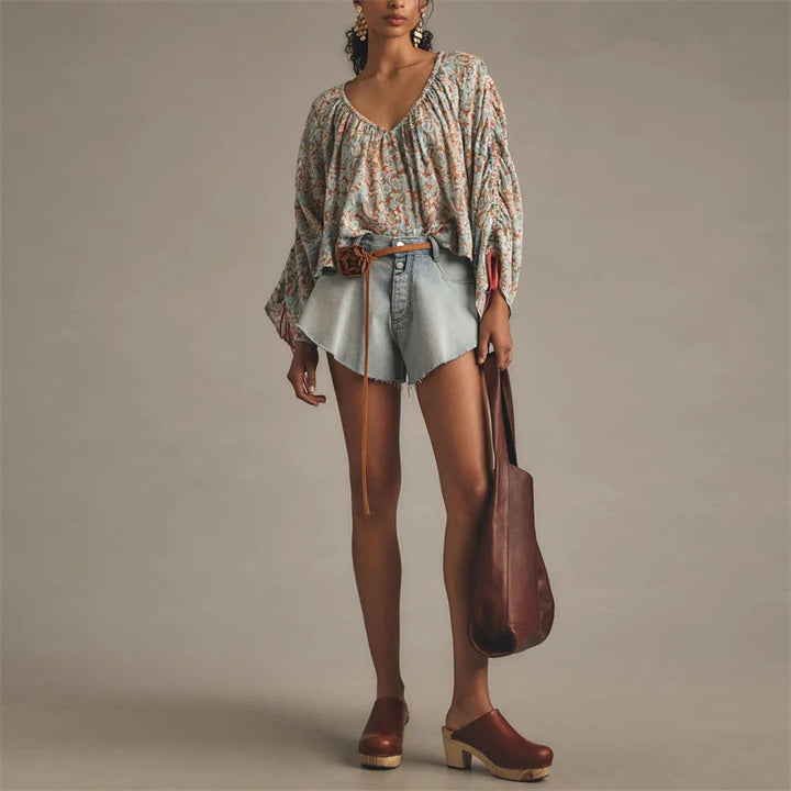 Solenne Boho Floral V Neck Blouse