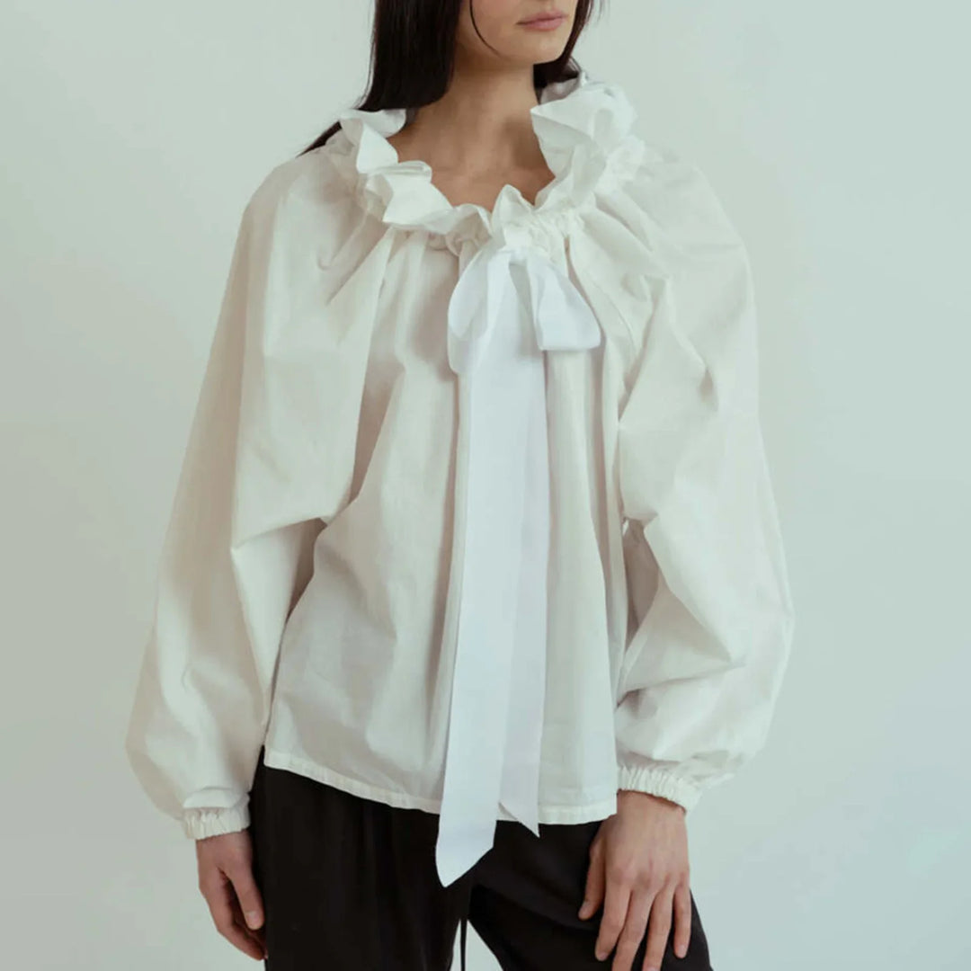 Elowenne Ruffle Tie Neck Cotton Blouse