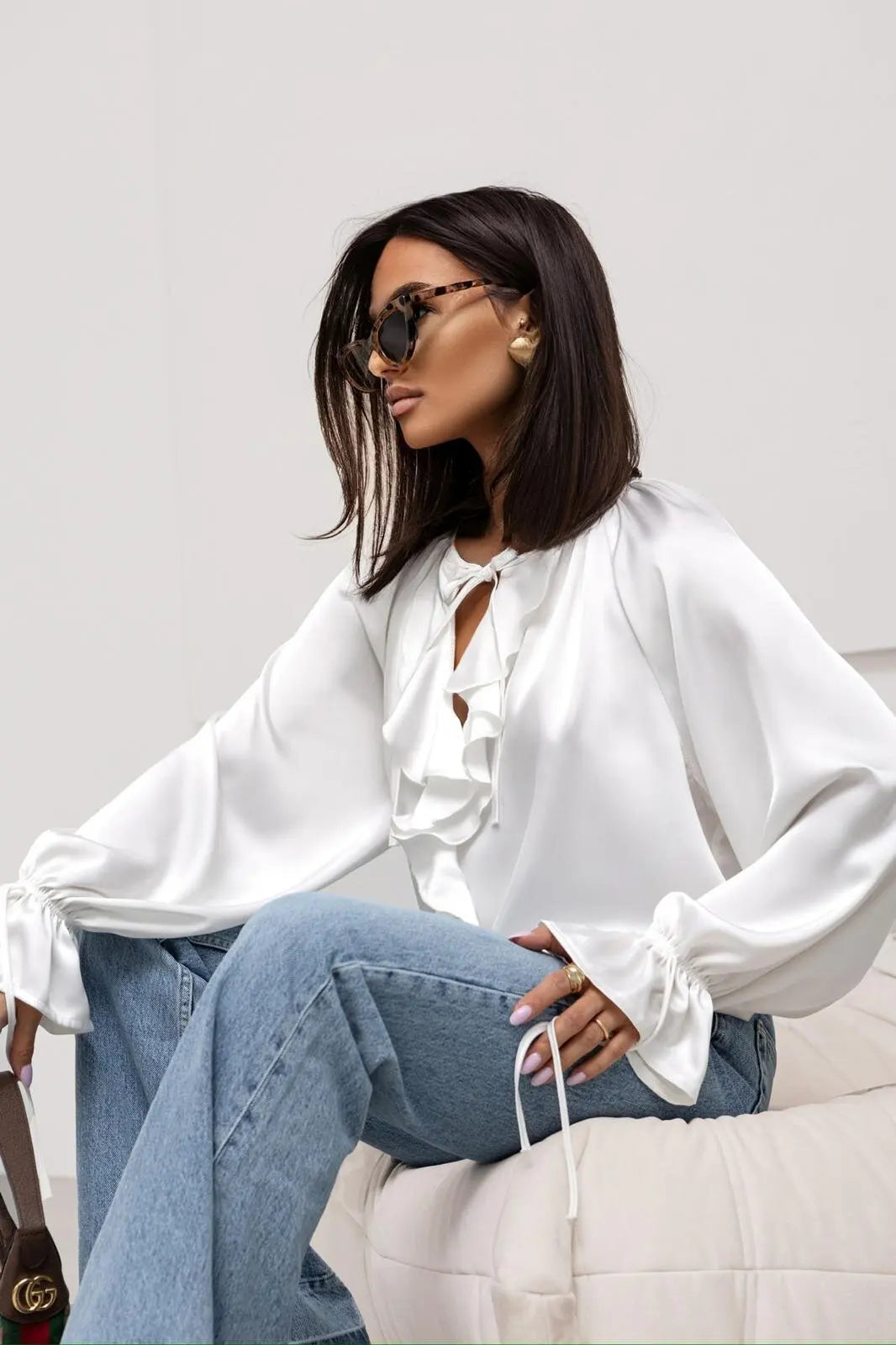Serelina Satin Ruffle Tie Blouse
