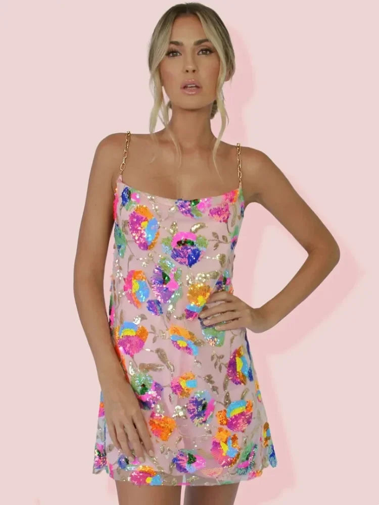 Floral Party Mini Dress with Spaghetti Straps