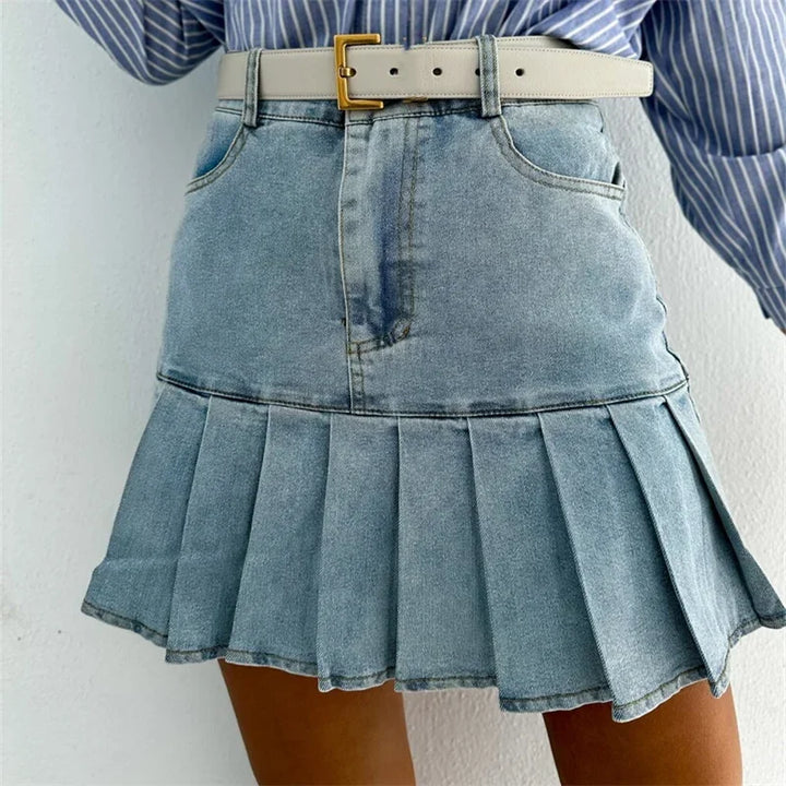 Virelise Pleated Cotton Denim Skirt