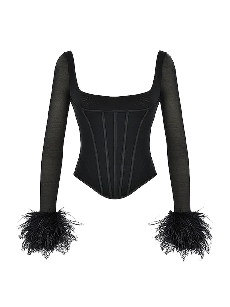 Virella Square Neck Feather Trim Top