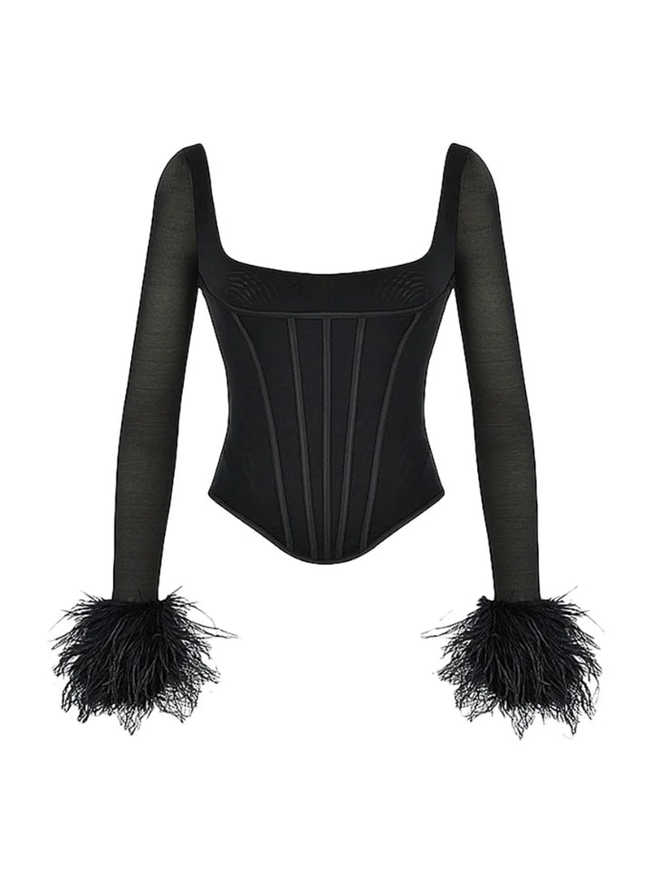 Virella Square Neck Feather Trim Top