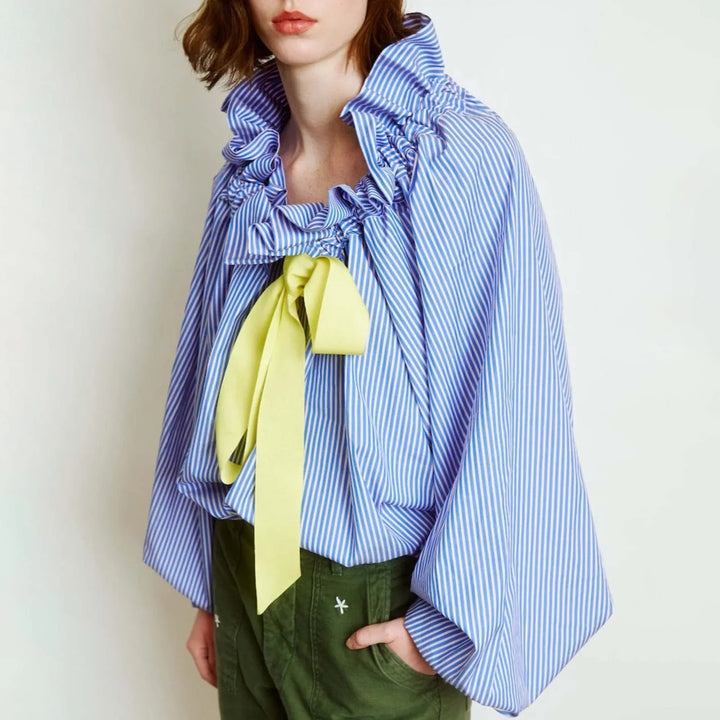 Elowenne Ruffle Tie Neck Cotton Blouse