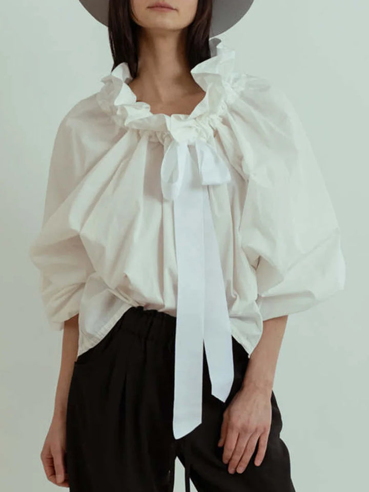 Elowenne Ruffle Tie Neck Cotton Blouse