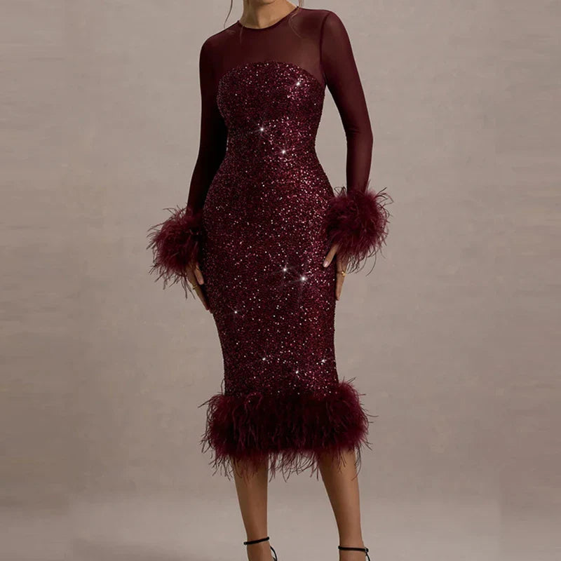 Celeste Sequin Feather Trim Maxi Dress