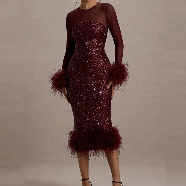 Celeste Sequin Feather Trim Maxi Dress