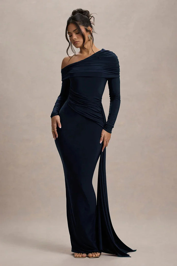 Evangeline Off-Shoulder Ruched Evening Gown