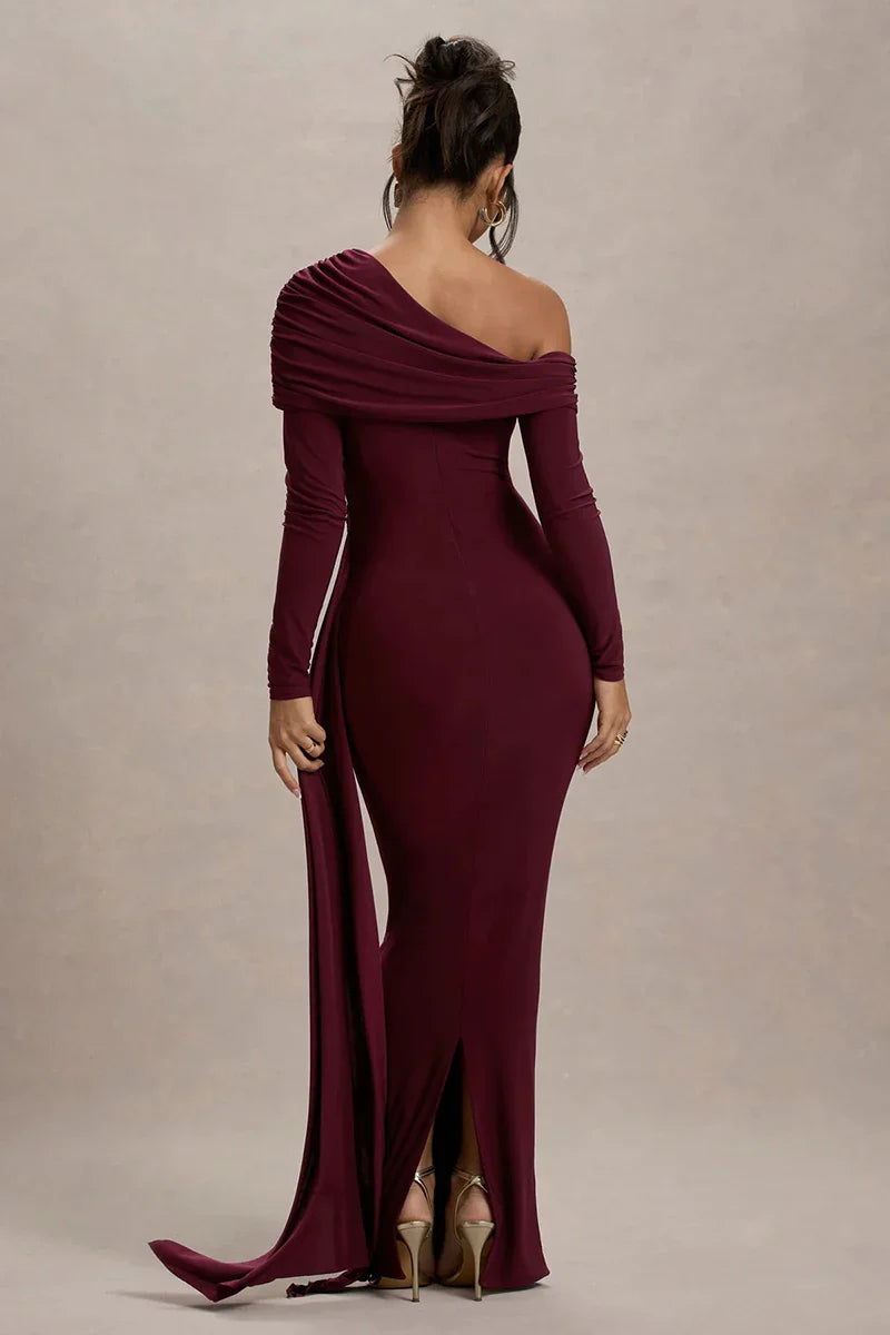 Evangeline Off-Shoulder Ruched Evening Gown