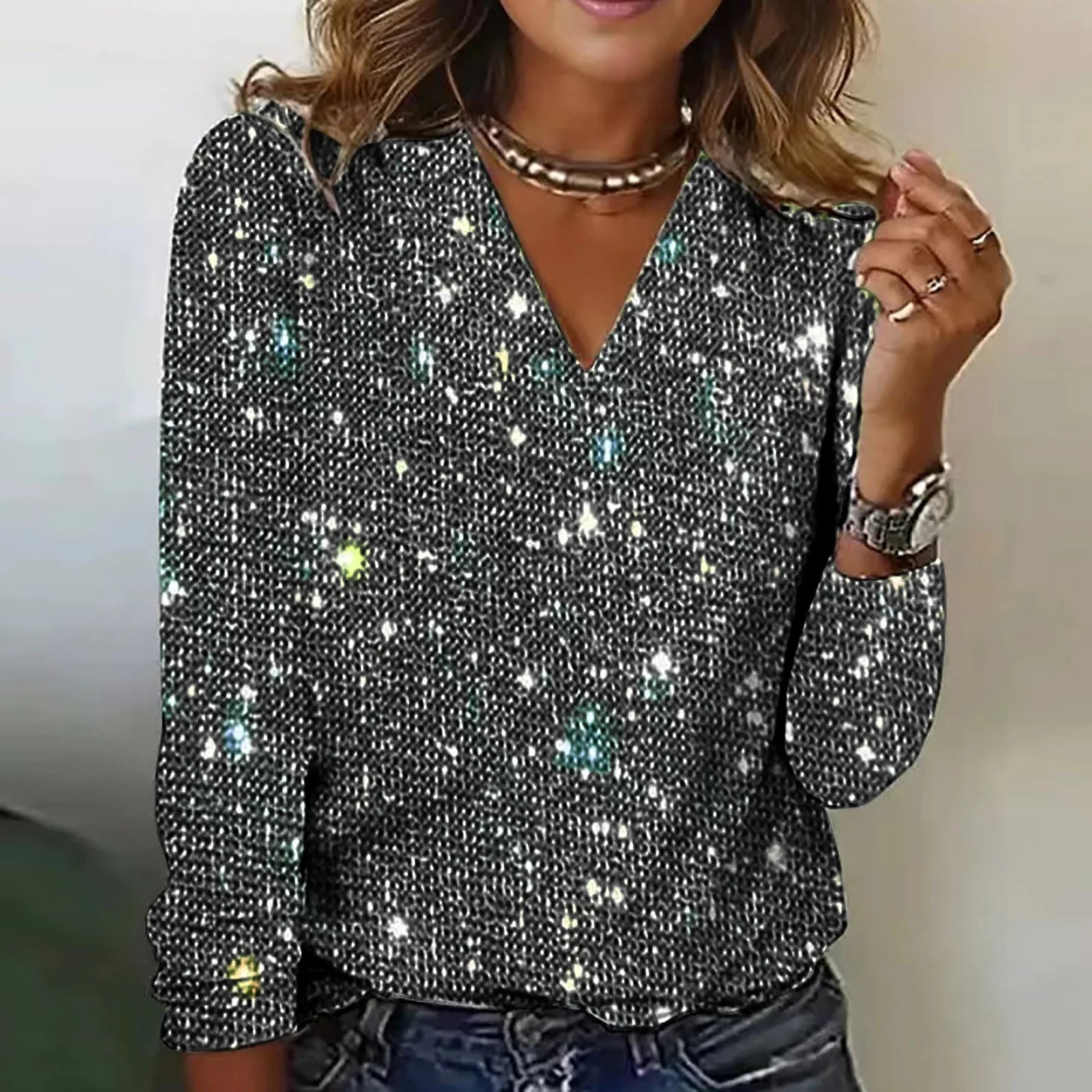 Elowyn Sequin V Neck Party Blouse