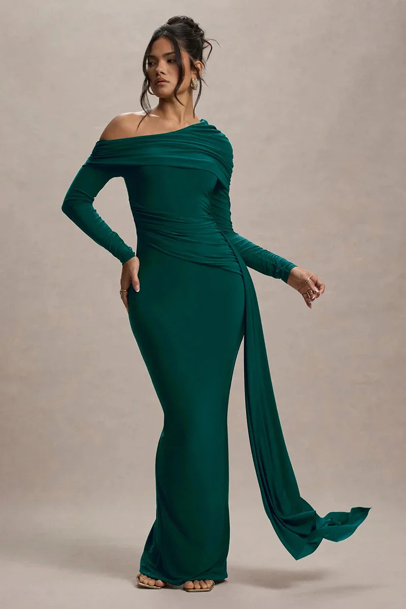 Evangeline Off-Shoulder Ruched Evening Gown
