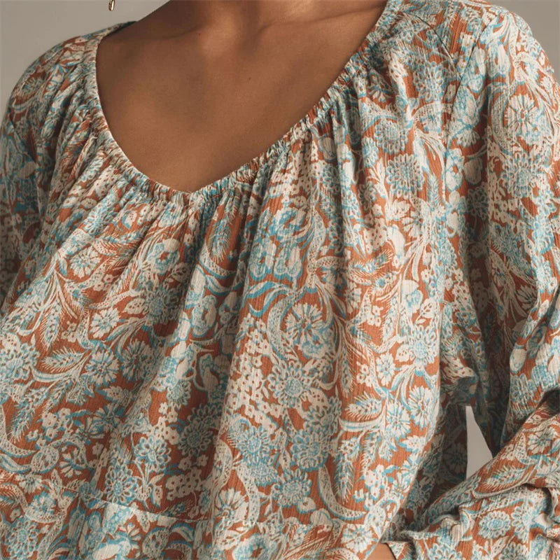 Solenne Boho Floral V Neck Blouse