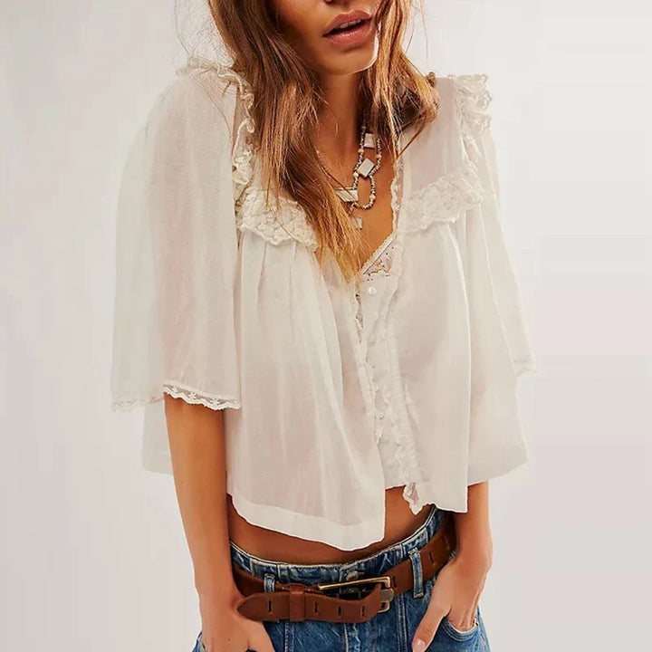 Elowira Lace Trim Ruffle Blouse