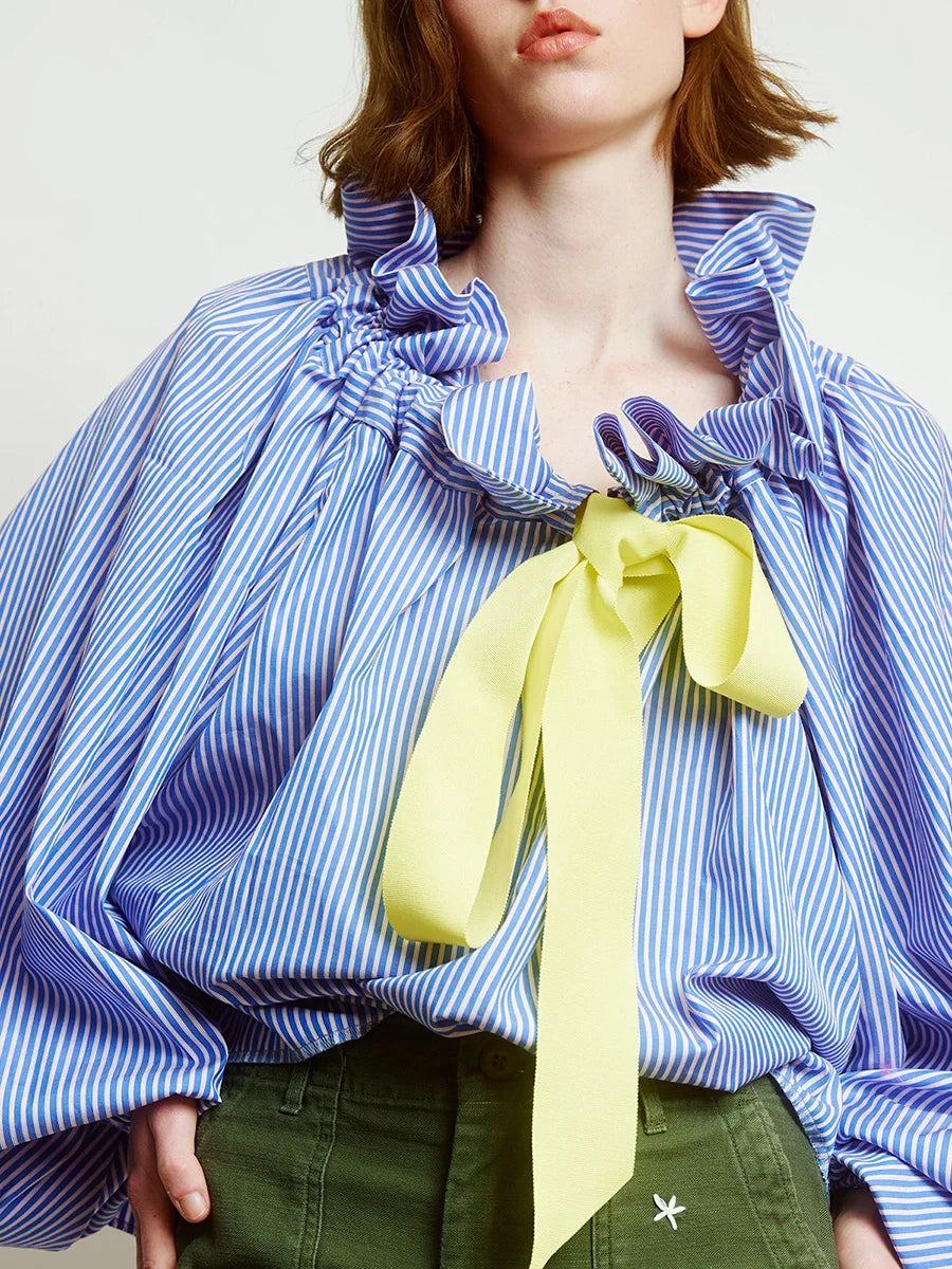 Elowenne Ruffle Tie Neck Cotton Blouse