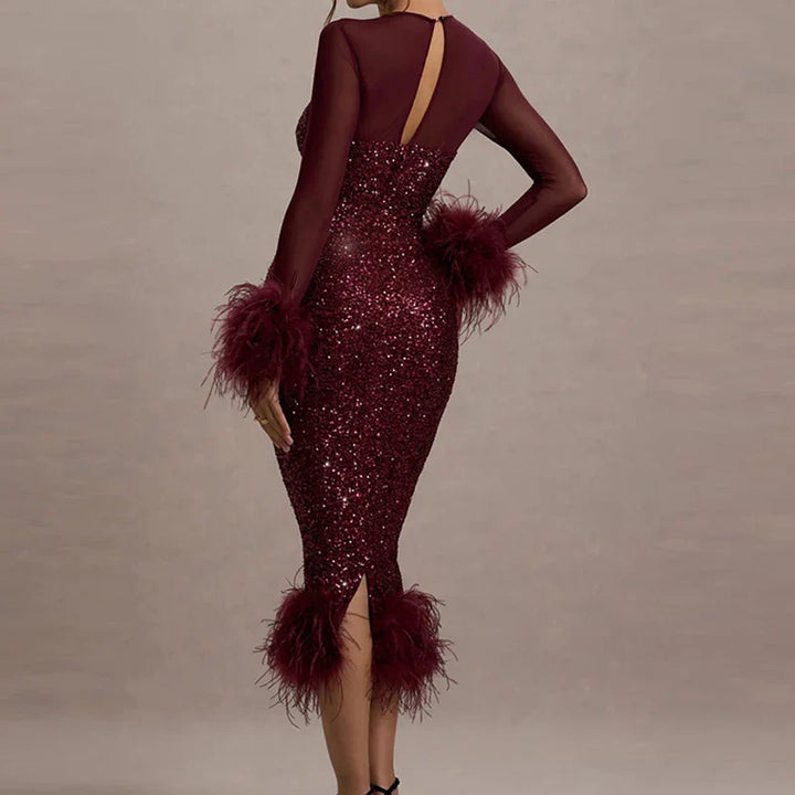 Celeste Sequin Feather Trim Maxi Dress