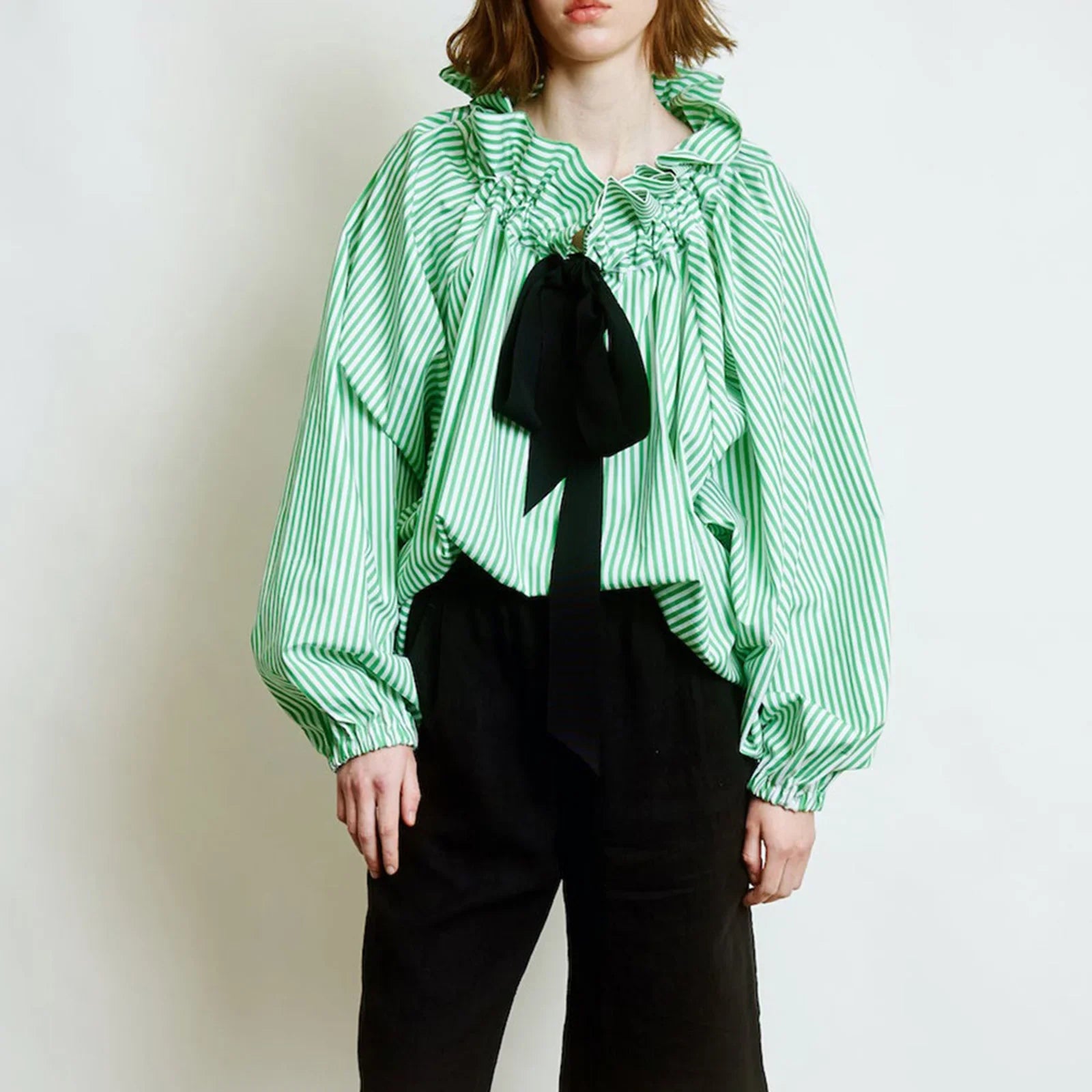 Elowenne Ruffle Tie Neck Cotton Blouse
