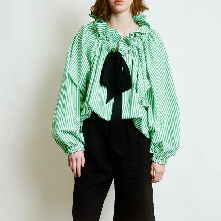 Elowenne Ruffle Tie Neck Cotton Blouse