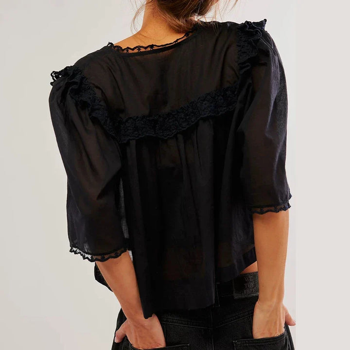 Elowira Lace Trim Ruffle Blouse