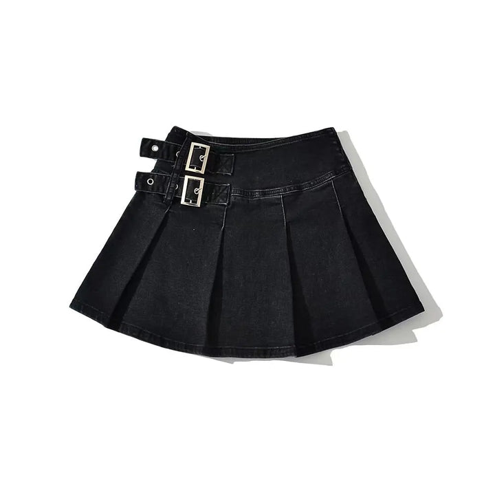 Violetta Buckle Detail Pleated Denim Mini Skirt