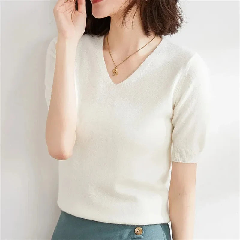 Lorena V Neck Merino Blend Knit Top