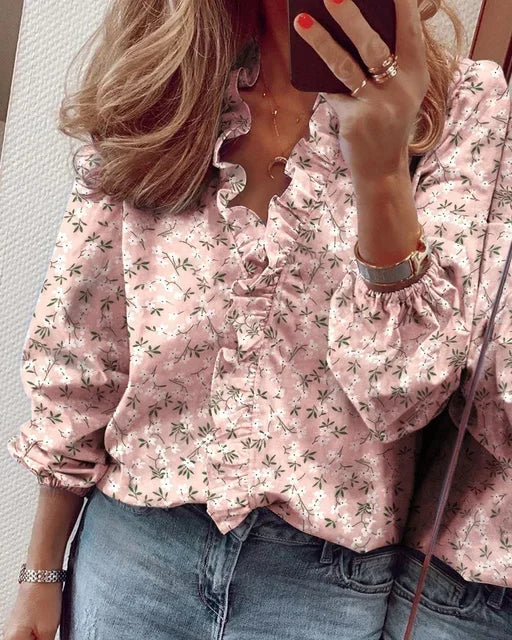 Elowette Ruffle Trim Balloon Sleeve Blouse