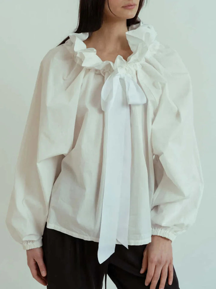 Elowenne Ruffle Tie Neck Cotton Blouse