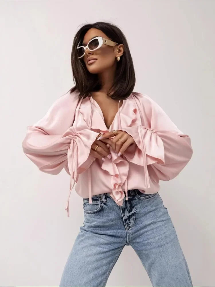 Serelina Satin Ruffle Tie Blouse