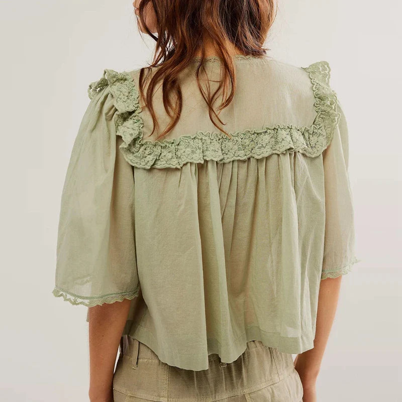 Elowira Lace Trim Ruffle Blouse