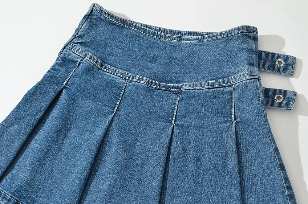 Violetta Buckle Detail Pleated Denim Mini Skirt