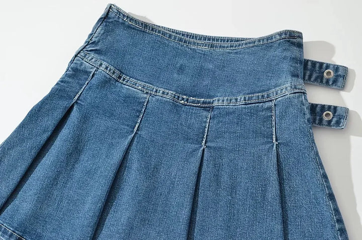 Violetta Buckle Detail Pleated Denim Mini Skirt
