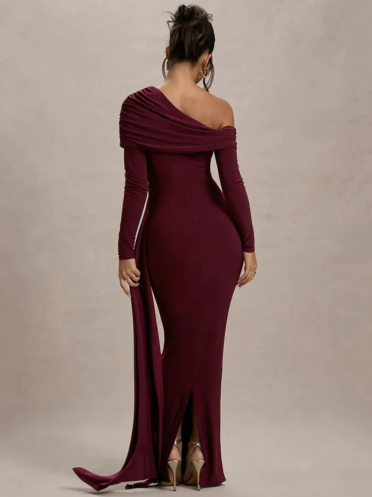 Evangeline Off-Shoulder Ruched Evening Gown