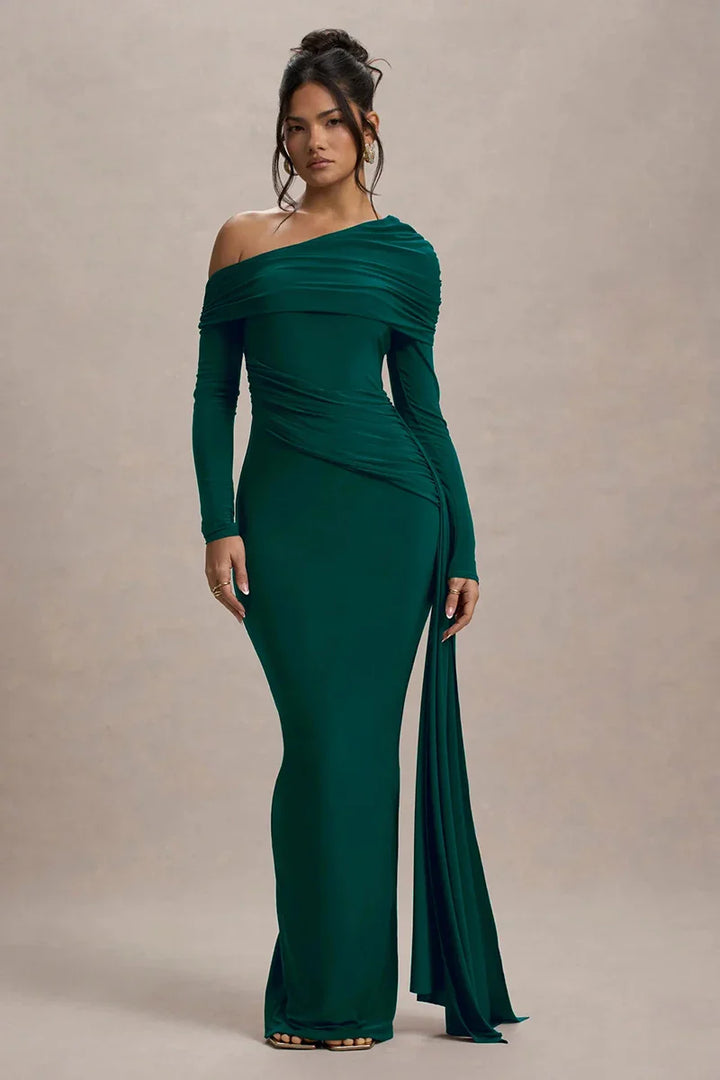 Evangeline Off-Shoulder Ruched Evening Gown