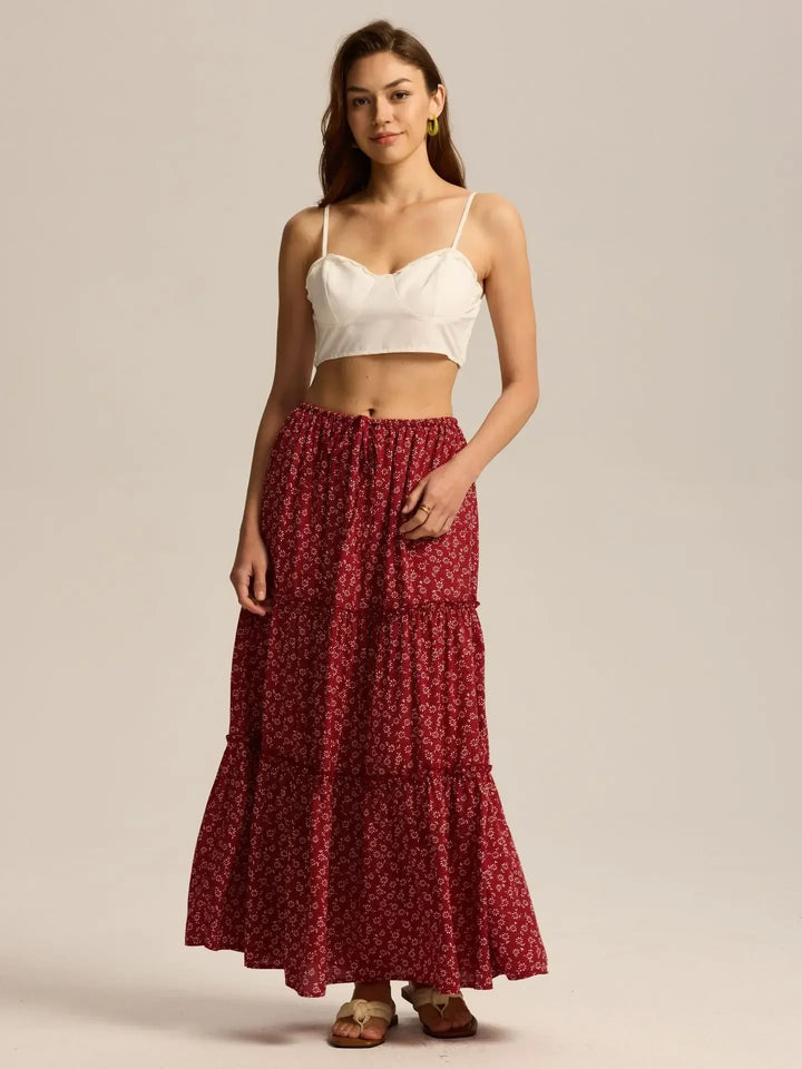 Elarie Floral Drawstring Maxi Skirt