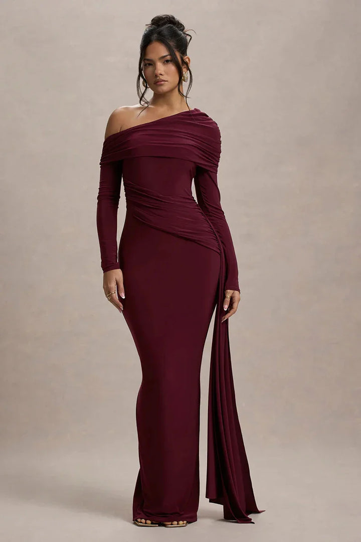 Evangeline Off-Shoulder Ruched Evening Gown