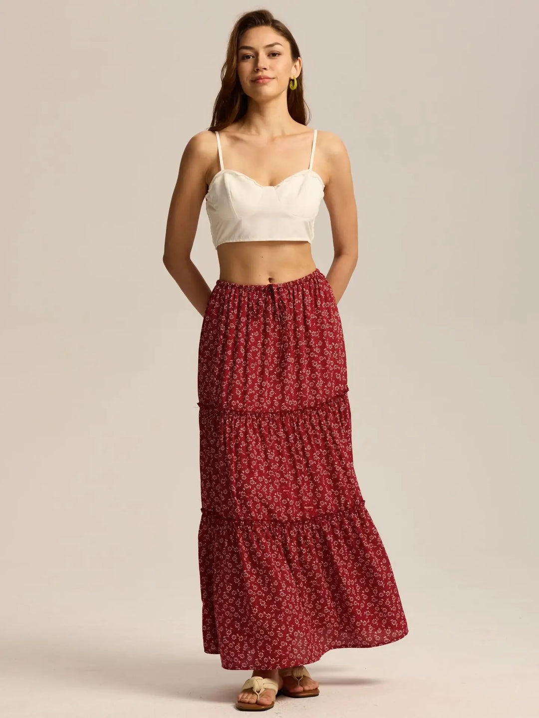 Elarie Floral Drawstring Maxi Skirt