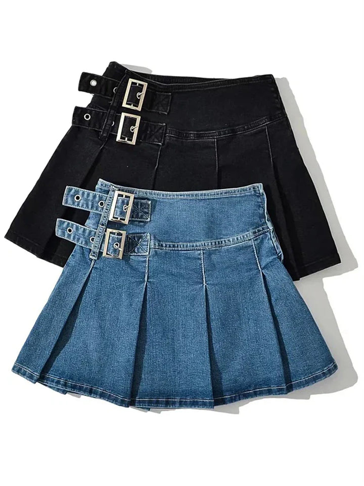 Violetta Buckle Detail Pleated Denim Mini Skirt