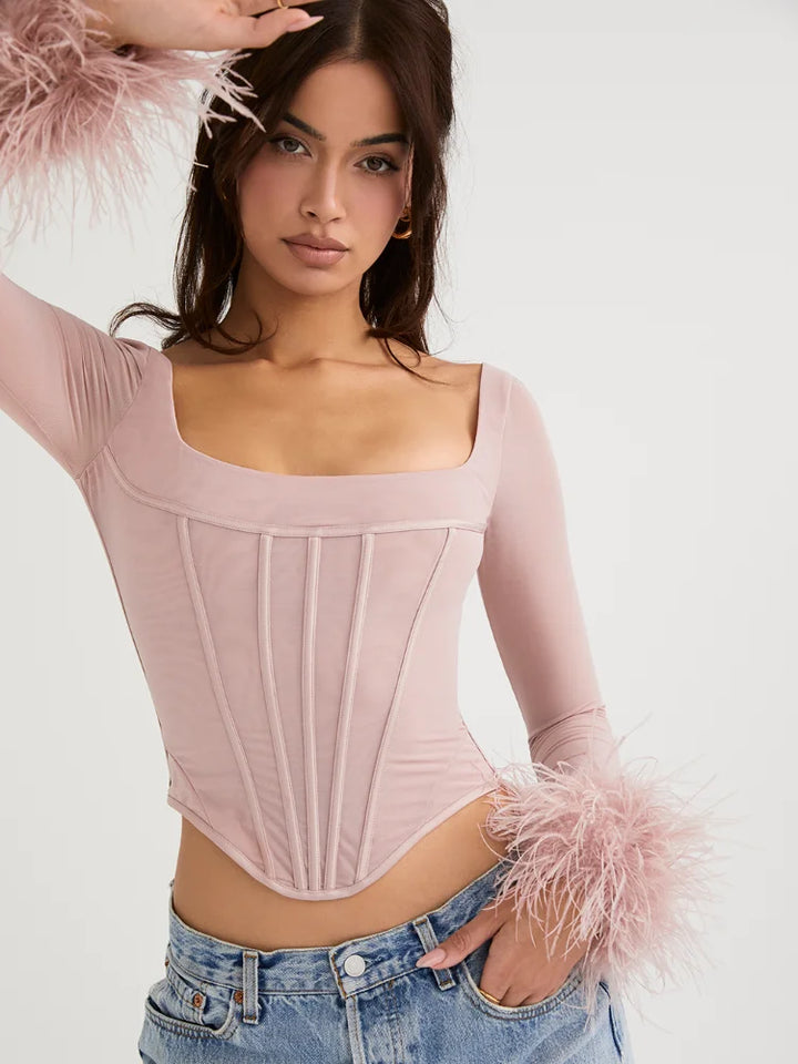 Virella Square Neck Feather Trim Top