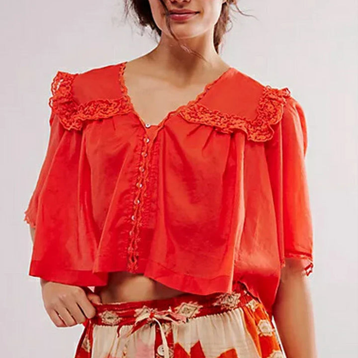 Elowira Lace Trim Ruffle Blouse