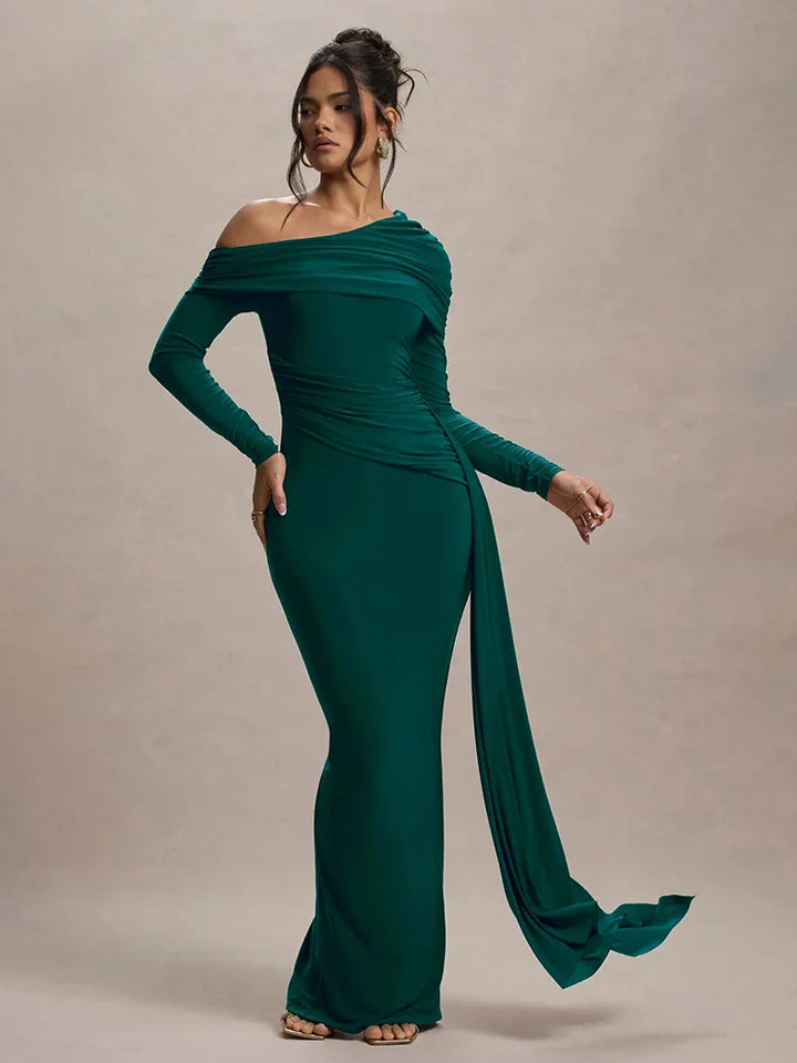 Evangeline Off-Shoulder Ruched Evening Gown