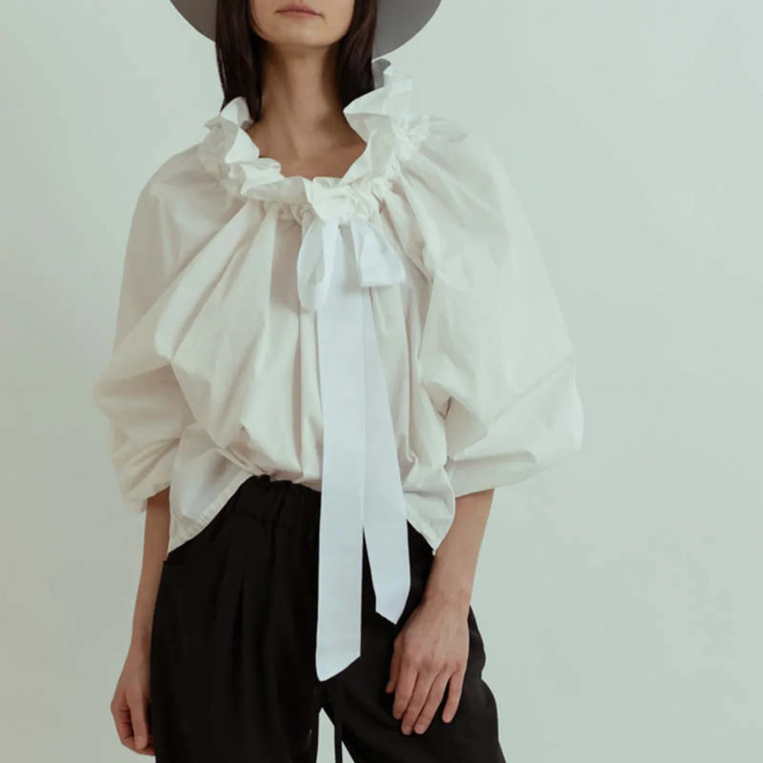 Elowenne Ruffle Tie Neck Cotton Blouse
