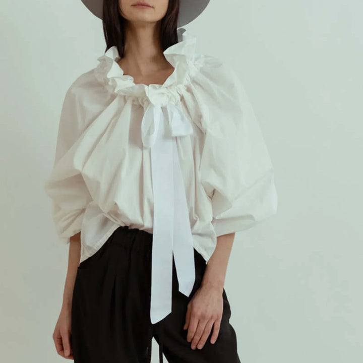 Elowenne Ruffle Tie Neck Cotton Blouse